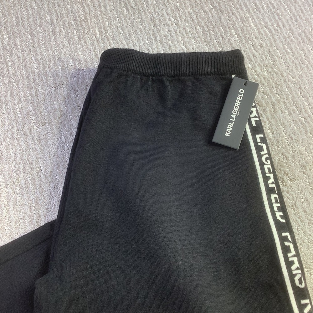 Karl Lagerfeld Paris Womens Black Logo Side Stripe Wide Leg Pants Size L NWT